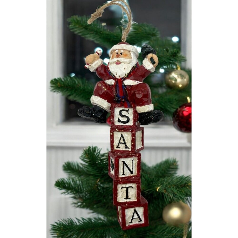 Vintage Santa Christmas Tree Ornament With Alphabet Blocks Rustic Carved Style